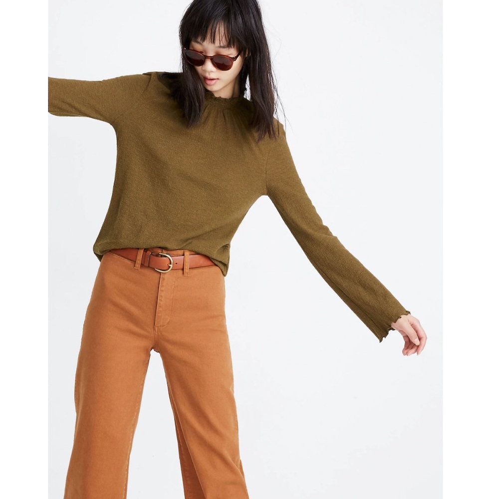 Madewell Texture & Thread Ruffled Mock Neck Top Large Brown Cotton Earthy